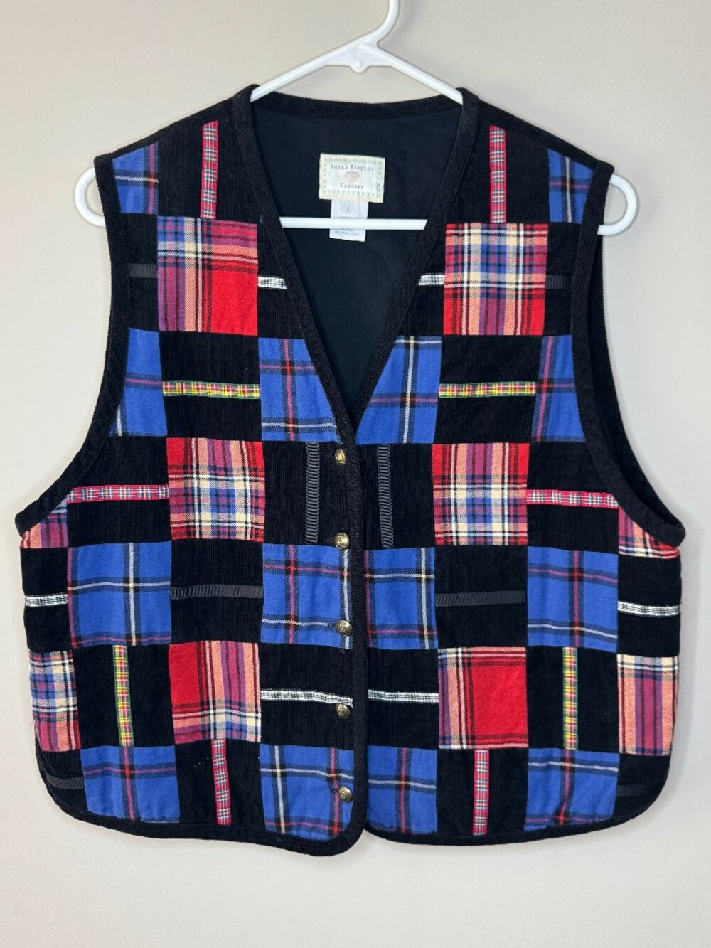 Susan Bristol Vest Womens L Patchwork Plaid Corduroy 90s Cottagecore Button